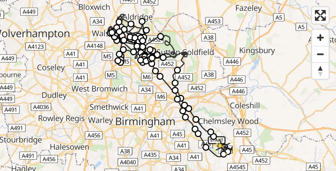 Flight route Police Helicopter Birmingham Airport - Solihull, 24 July 2026, 19:23
