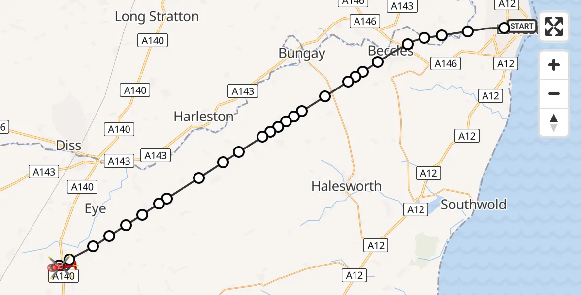Flight route Air Ambulance Helicopter Lowestoft - Thwaite, 24 July 2026, 19:41
