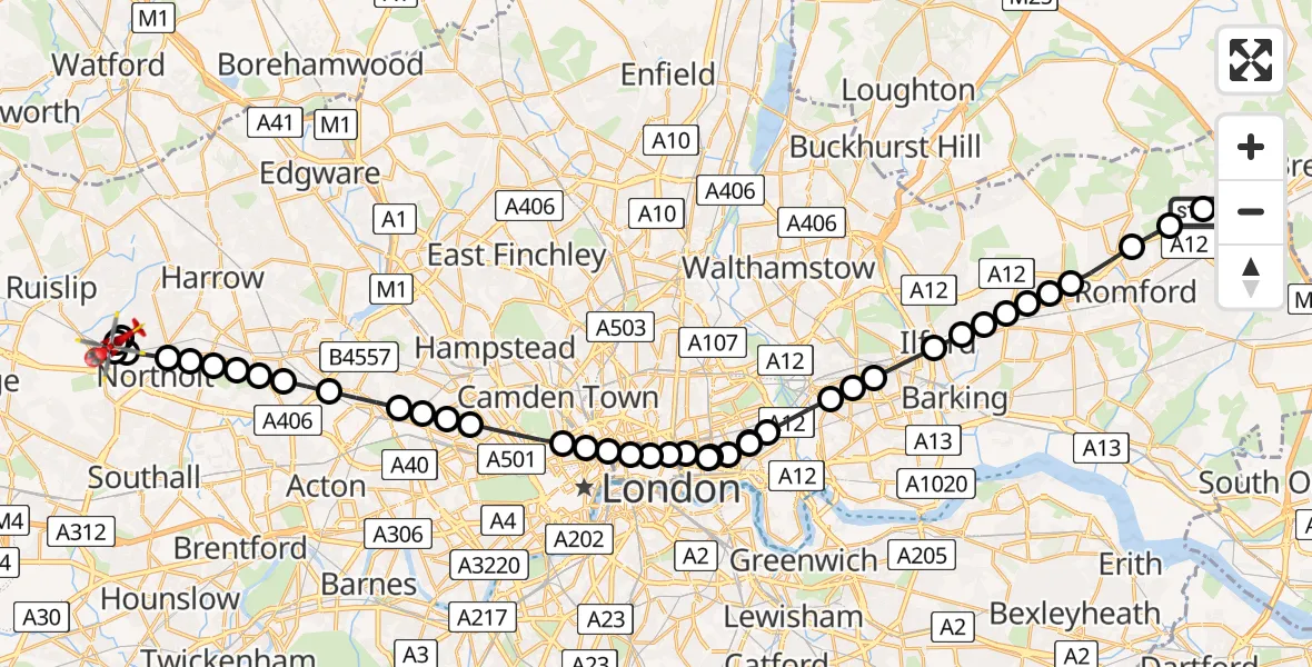 Flight route Air Ambulance Helicopter Harold Hill - Hillingdon, 24 July 2026, 19:41