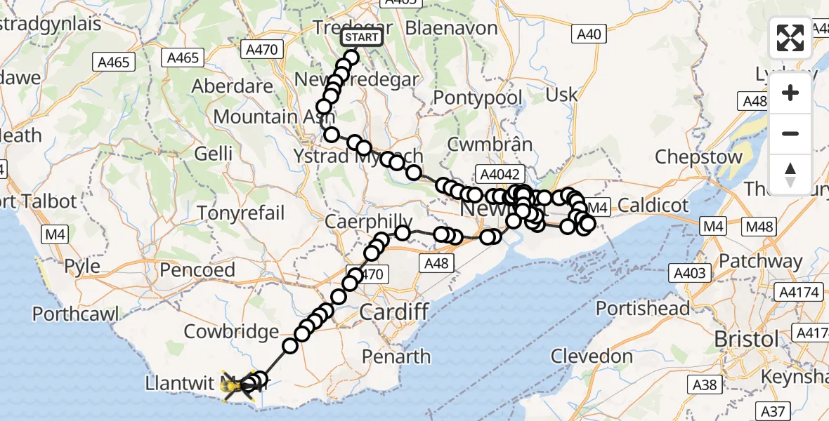 Flight route Police Helicopter Tredegar - MOD St Athan, 24 July 2026, 19:44