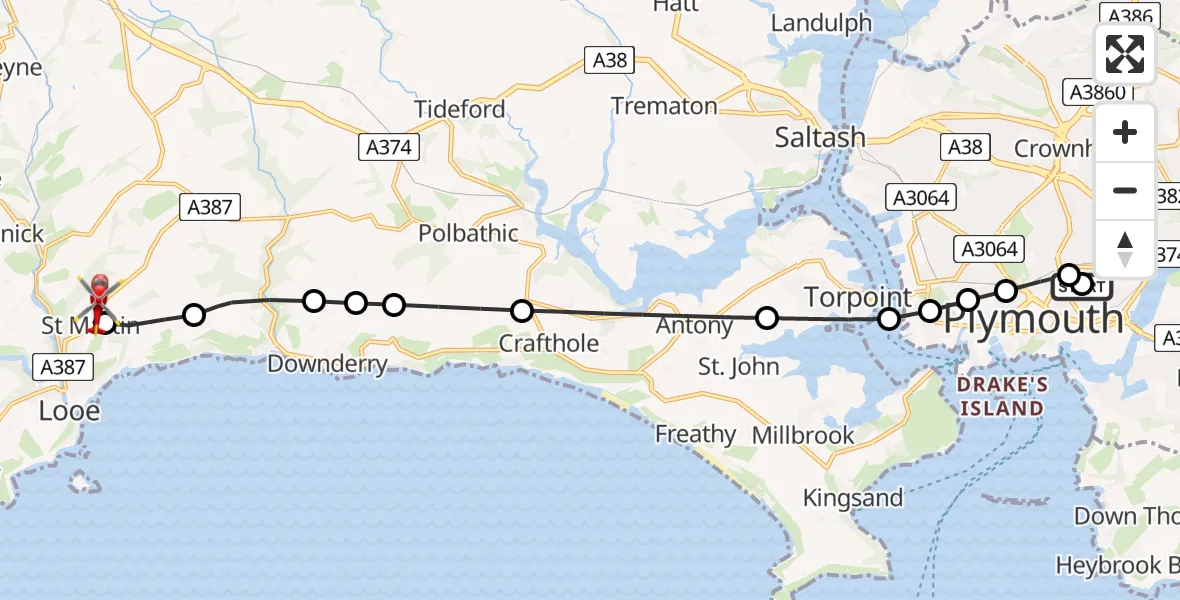 Flight route Air Ambulance Helicopter Lipson - Looe, 24 July 2026, 19:58