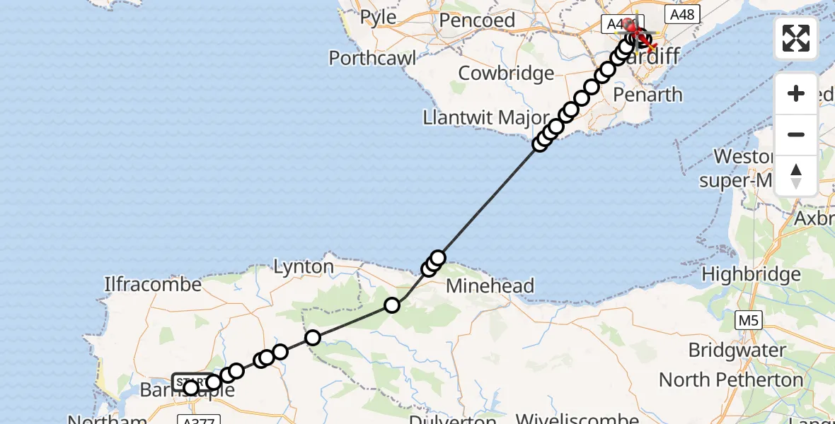 Flight route Air Ambulance Helicopter North Devon Hospital - Gabalfa, 24 July 2026, 20:02