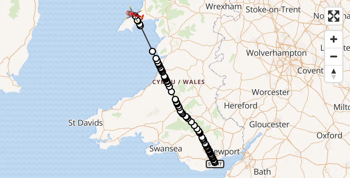 Flight route Air Ambulance Helicopter Cardiff Heliport - Llithfaen, 24 July 2026, 20:08