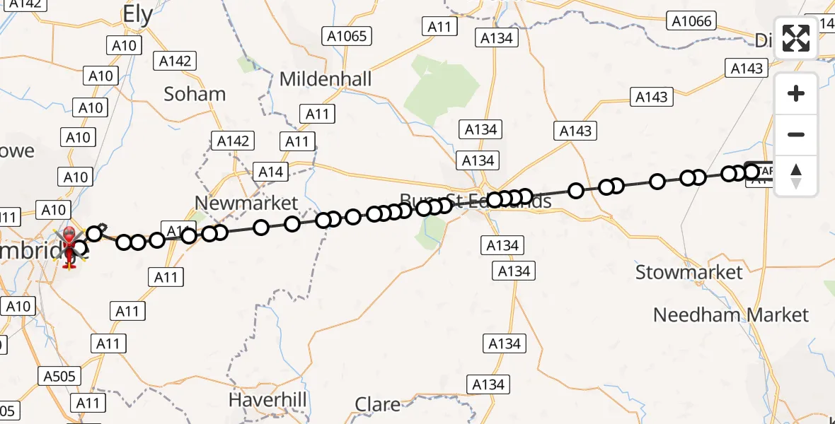 Flight route Air Ambulance Helicopter Thwaite - Cambridge City Airport, 24 July 2026, 20:40