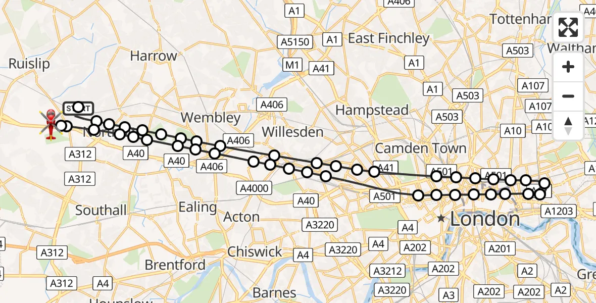Flight route Air Ambulance Helicopter Ruislip - RAF Northolt, 24 July 2026, 20:41