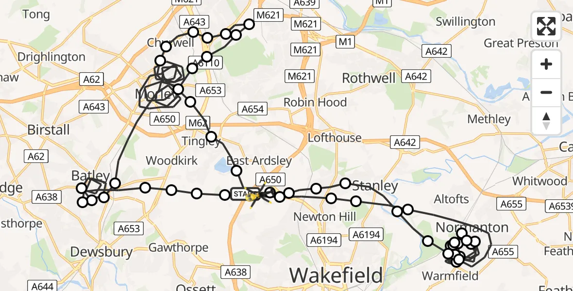 Flight route Police Helicopter East Ardsley - East Ardsley, 24 July 2026, 20:51
