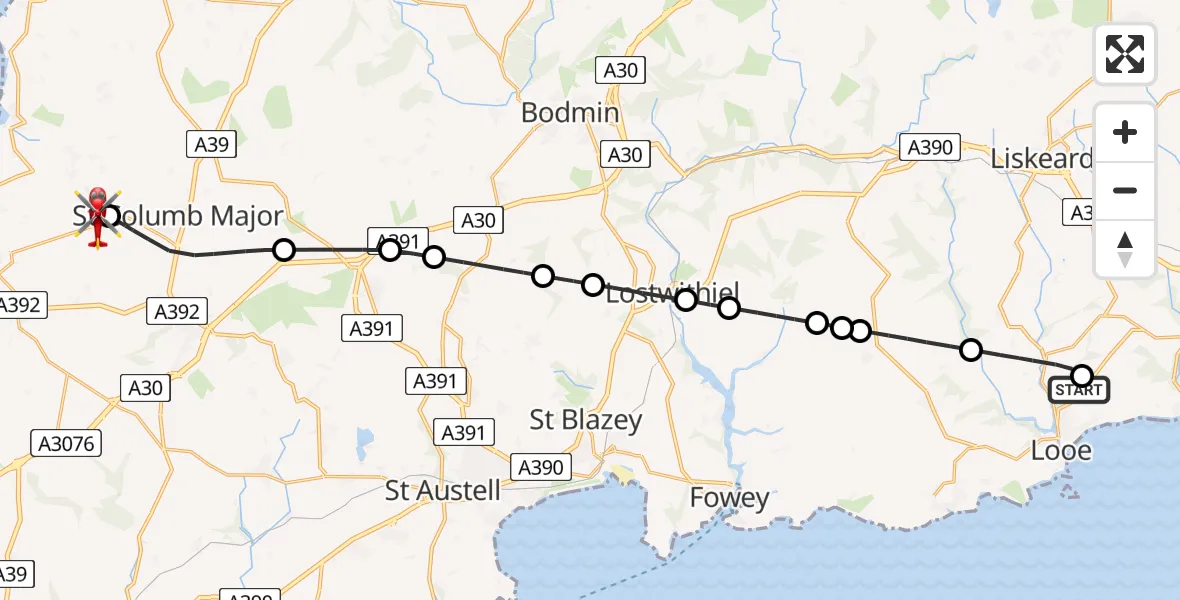 Flight route Air Ambulance Helicopter St Martin - Cornwall Airport Newquay, 24 July 2026, 20:51