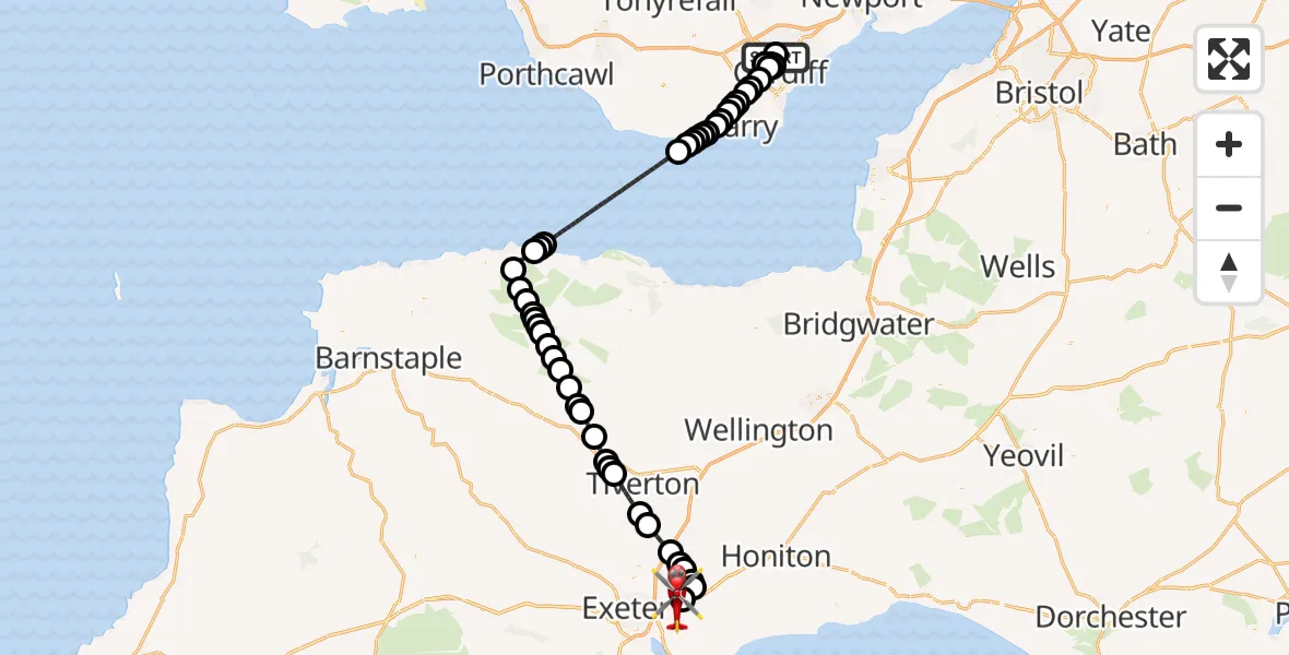 Flight route Air Ambulance Helicopter Birchgrove - Exeter International Airport, 24 July 2026, 21:02