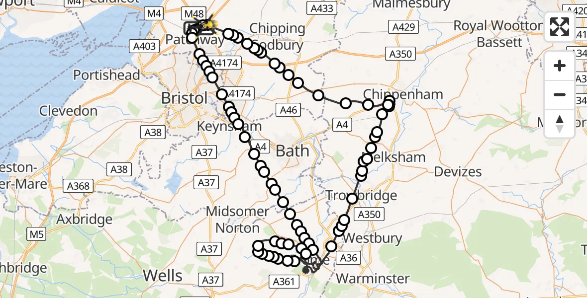 Flight route Police Helicopter Almondsbury Helicopter Base - Almondsbury Helicopter Base, 24 July 2026, 21:17