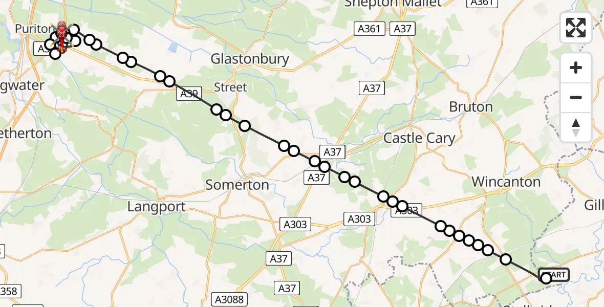 Flight route Air Ambulance Helicopter Henstridge Airfield - Bridgwater, 24 July 2026, 21:39