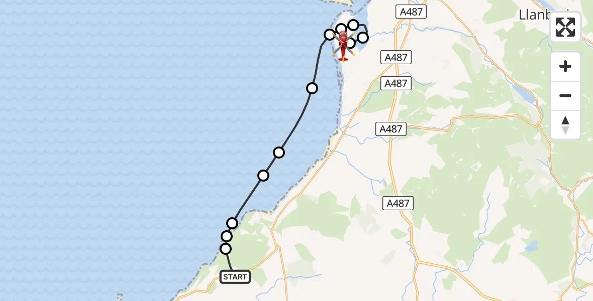 Flight route Air Ambulance Helicopter Llithfaen - Caernarfon Airport, 24 July 2026, 21:42