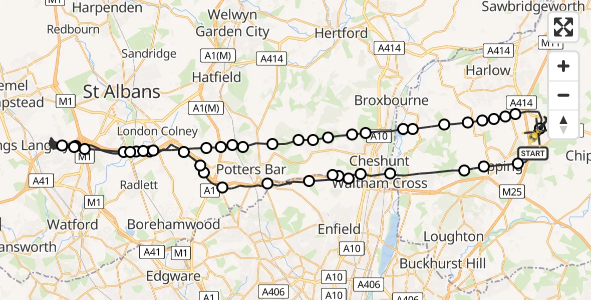Flight route Police Helicopter Coopersale - North Weald Airfield, 24 July 2026, 21:53