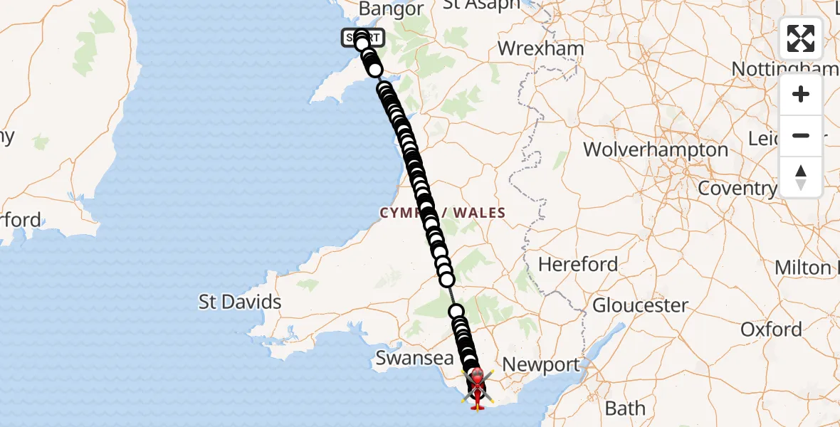 Flight route Air Ambulance Helicopter Caernarfon Airport - Cowbridge, 24 July 2026, 22:07