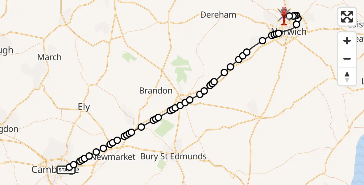 Flight route Air Ambulance Helicopter Cambridge City Airport - Norwich Airport, 24 July 2026, 22:31
