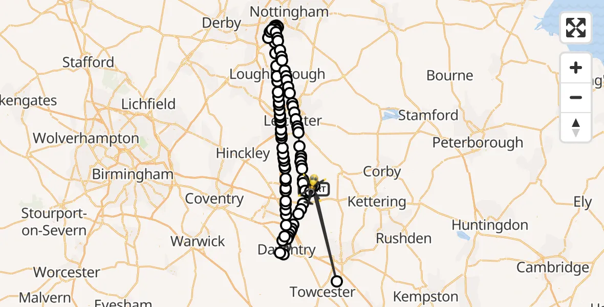 Flight route Police Helicopter Husbands Bosworth Airfield - Harborough, 24 July 2026, 22:34
