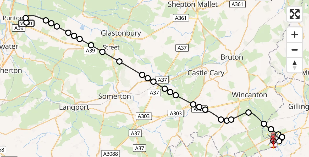 Flight route Air Ambulance Helicopter Woolavington - Henstridge Airfield, 24 July 2026, 22:34