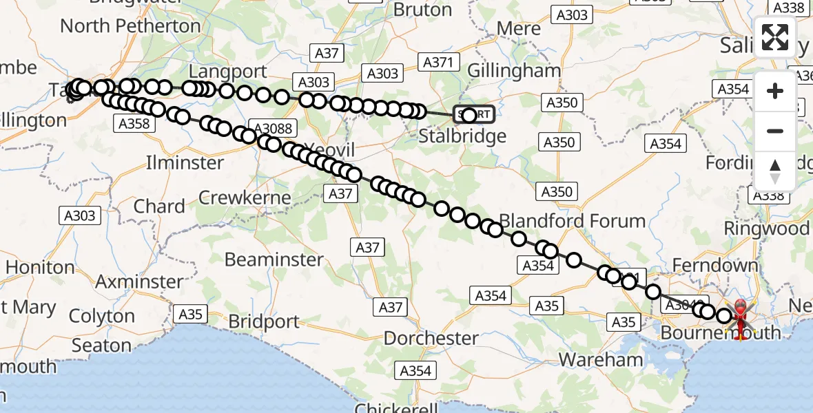Flight route Air Ambulance Helicopter Henstridge Airfield - Bournemouth, 24 July 2026, 23:23