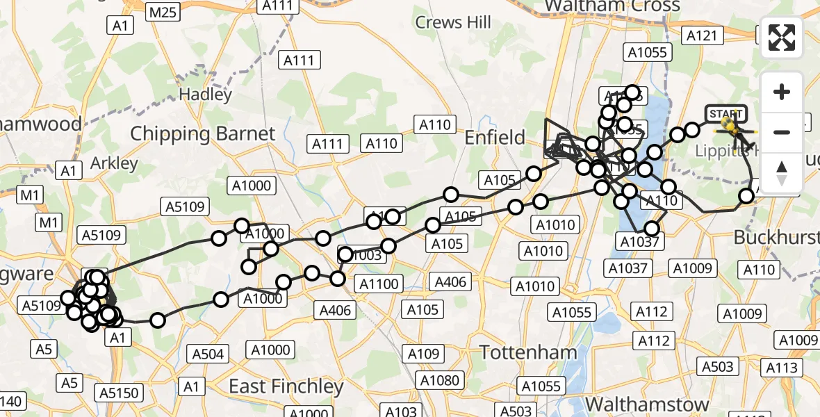 Flight route Police Helicopter Metropolitan Police Air Support Unit Lippitts Hill - Metropolitan Police Air Support Unit Lippitts Hill, 24 July 2026, 23:48