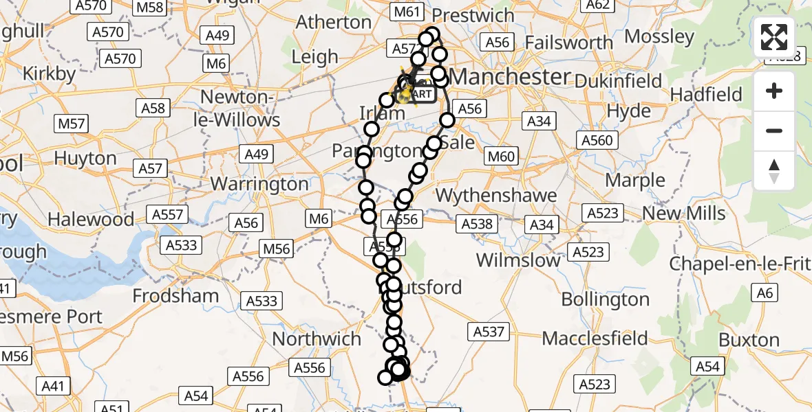 Flight route Police Helicopter Eccles - Irlam, 24 July 2026, 23:51