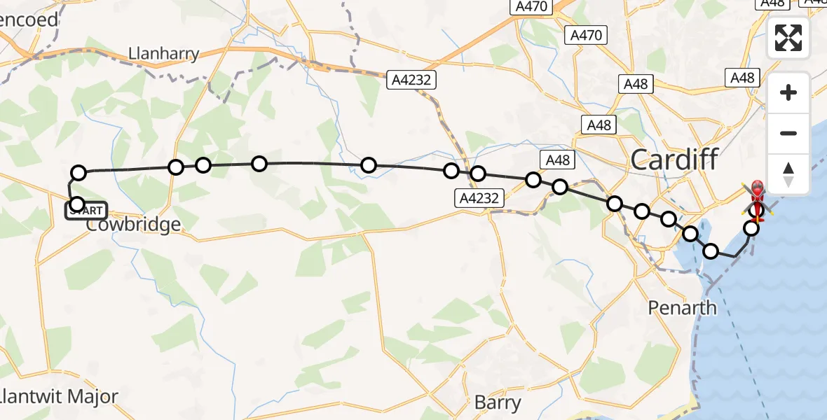 Flight route Air Ambulance Helicopter Cowbridge - Cardiff Heliport, 24 July 2026, 23:57