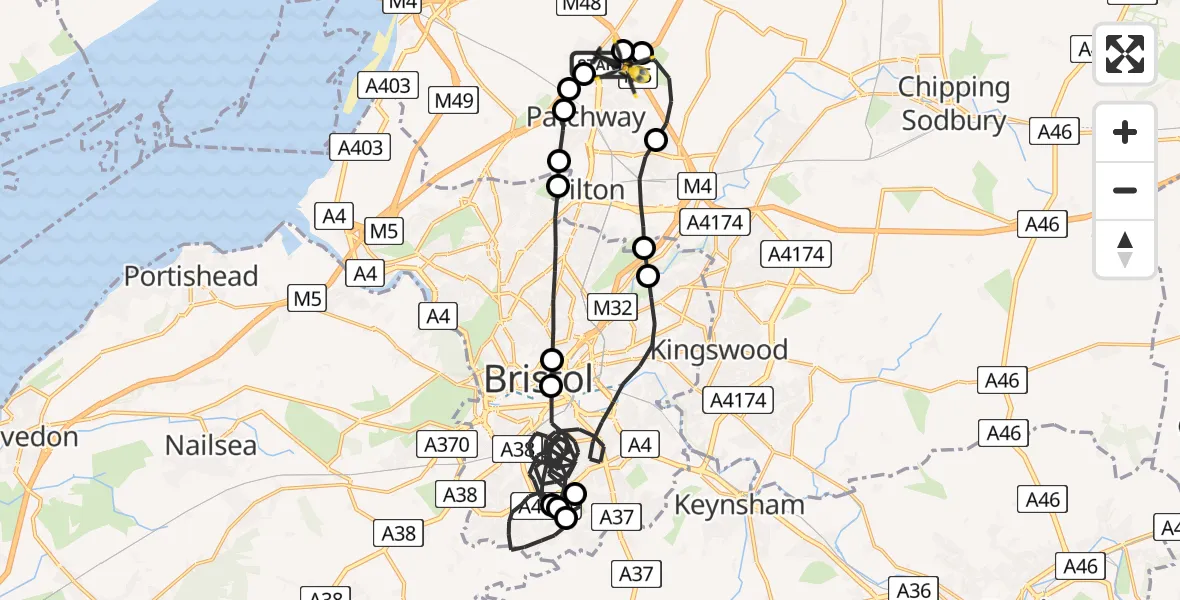 Flight route Police Helicopter Almondsbury Helicopter Base - Almondsbury Helicopter Base, 25 July 2026, 01:00