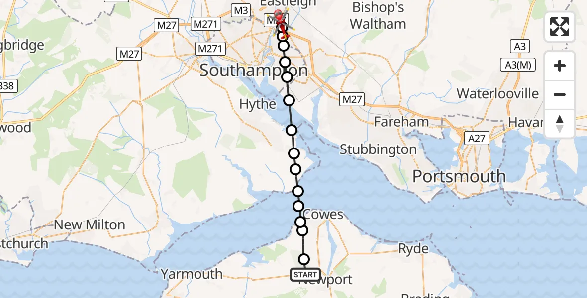 Flight route Air Ambulance Helicopter Newport - Southampton Airport, 25 July 2026, 01:11