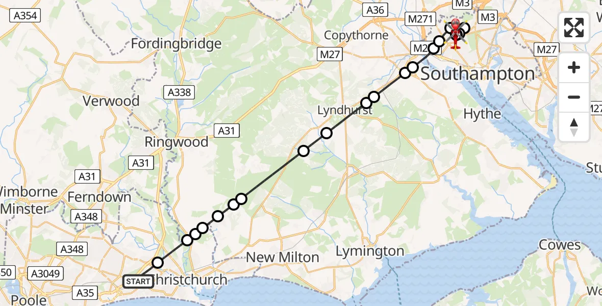 Flight route Air Ambulance Helicopter Bournemouth - University Hospital Southampton, 25 July 2026, 01:14