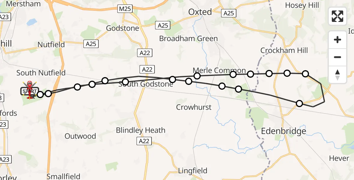 Flight route Air Ambulance Helicopter Redhill Aerodrome - Redhill Aerodrome, 25 July 2026, 01:17