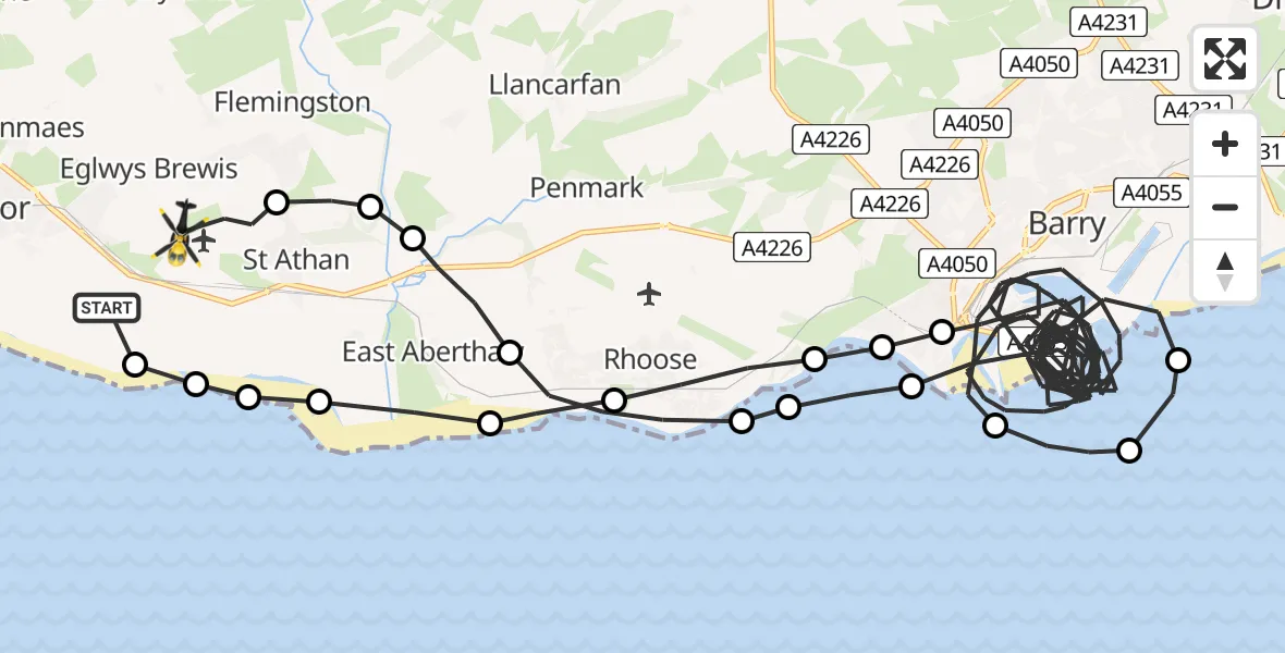 Flight route Police Helicopter Boverton - MOD St Athan, 25 July 2026, 01:38