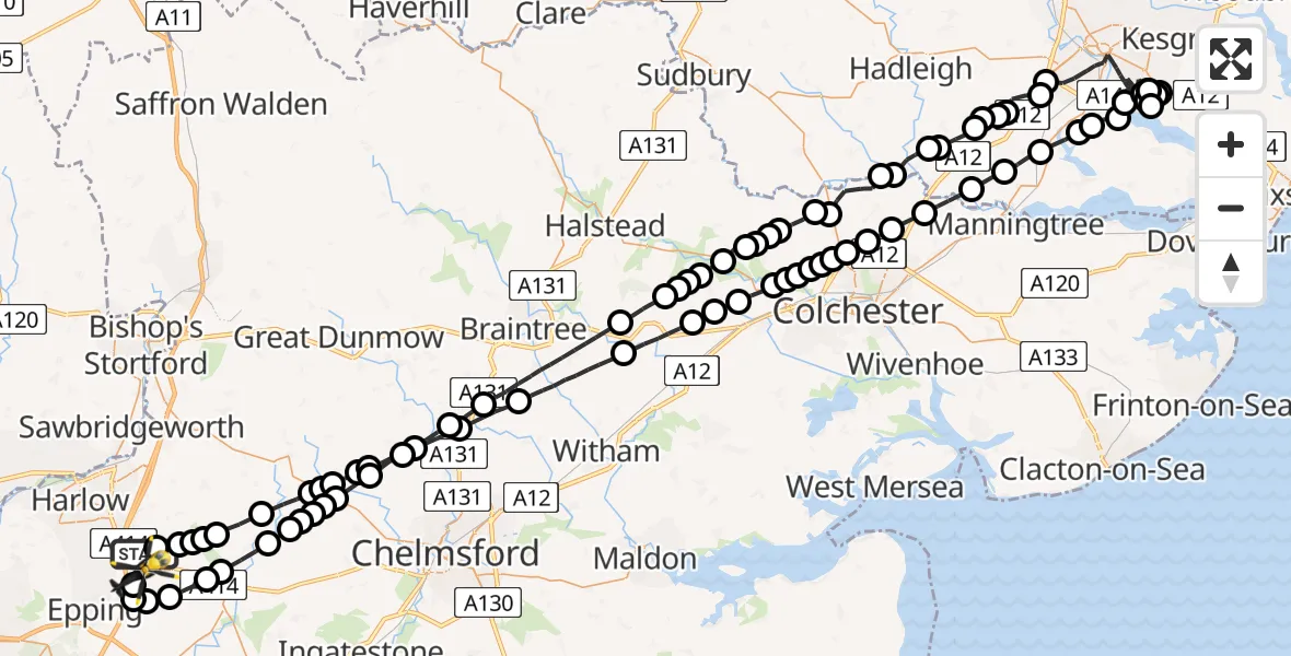 Flight route Police Helicopter North Weald Bassett - North Weald Airfield, 25 July 2026, 01:52