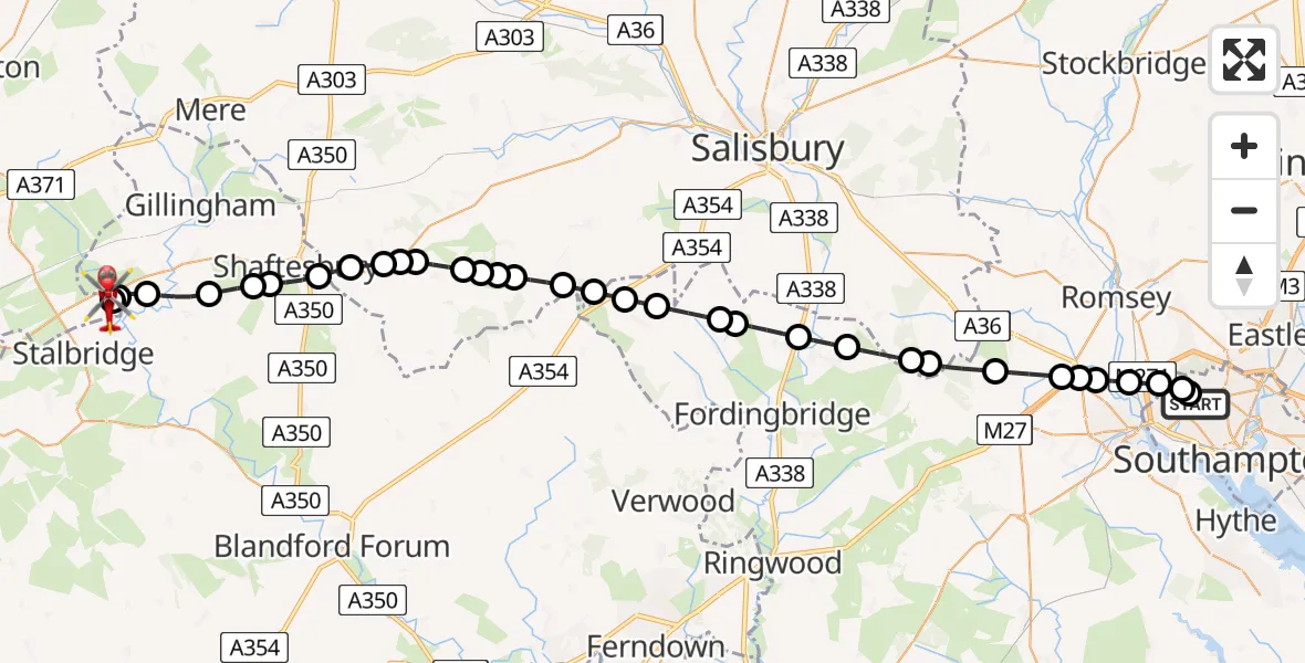 Flight route Air Ambulance Helicopter University Hospital Southampton - Henstridge Airfield, 25 July 2026, 02:11
