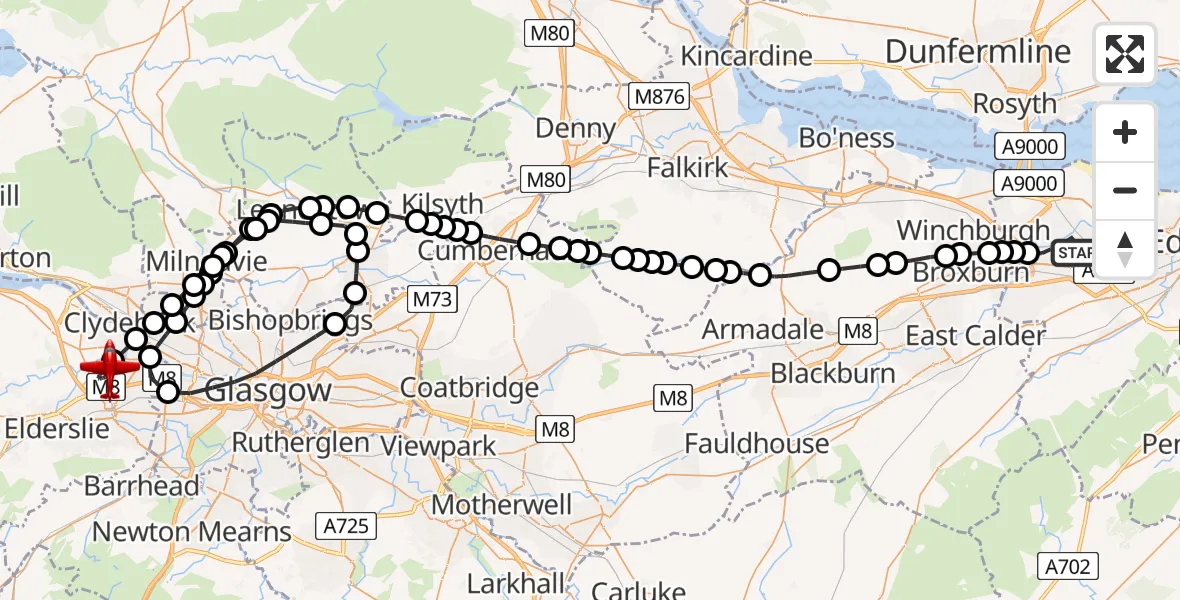 Flight route Air Ambulance Aircraft Edinburgh Airport - Glasgow Airport, 25 July 2026, 02:52