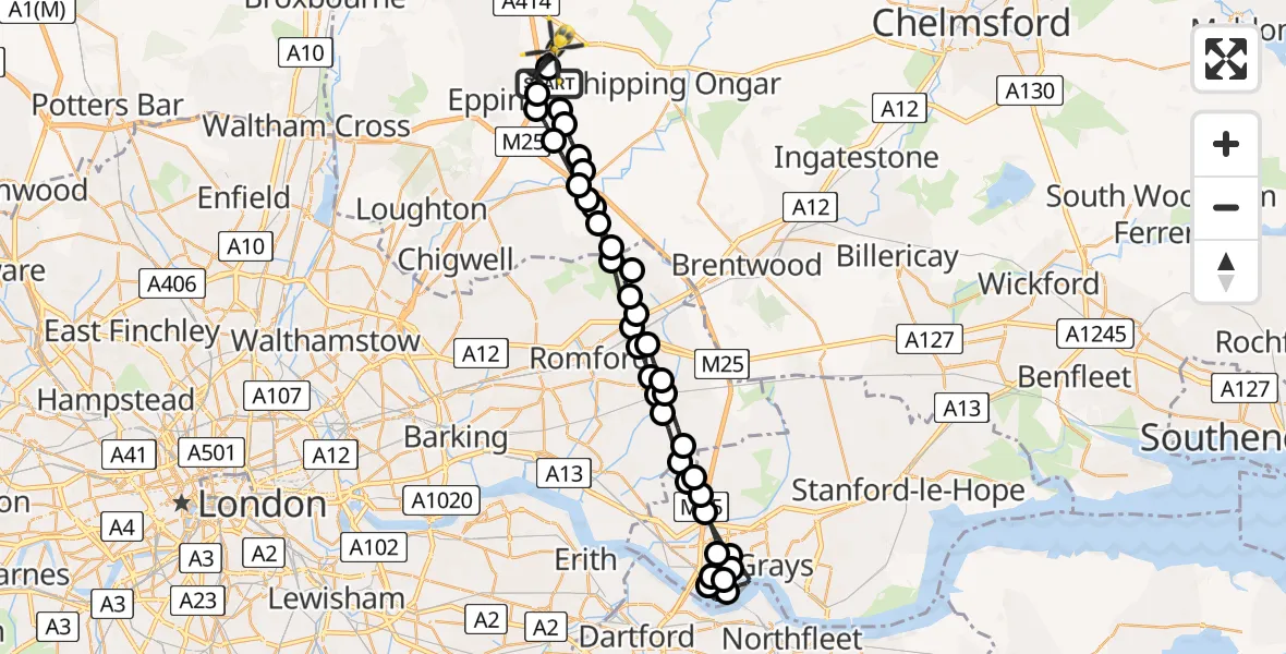 Flight route Police Helicopter Coopersale - North Weald Airfield, 25 July 2026, 03:20