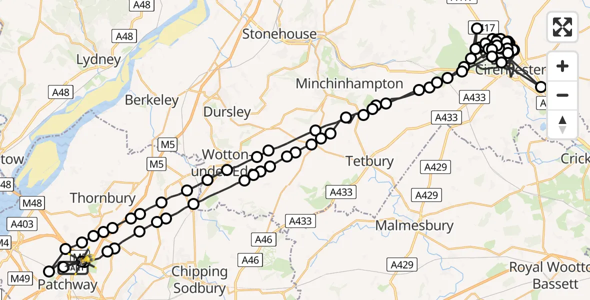 Flight route Police Helicopter Almondsbury Helicopter Base - Almondsbury Helicopter Base, 25 July 2026, 06:45