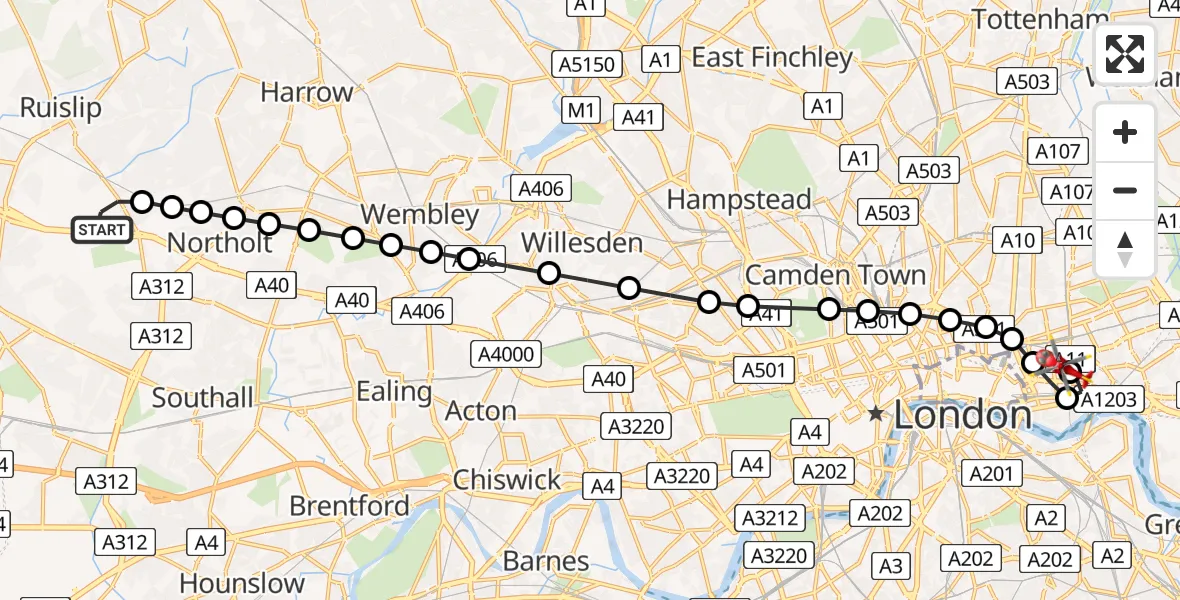 Flight route Air Ambulance Helicopter RAF Northolt - Royal London Hospital, 25 July 2026, 06:47