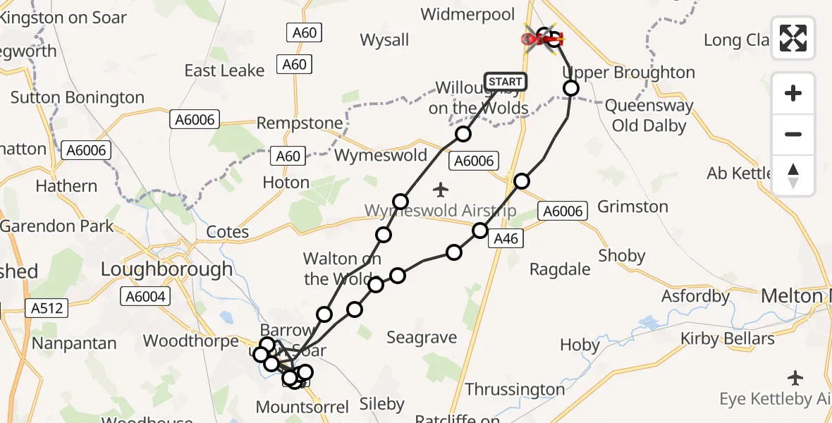 Flight route Air Ambulance Helicopter Willoughby on the Wolds - Nottingham Heliport, 25 July 2026, 07:02