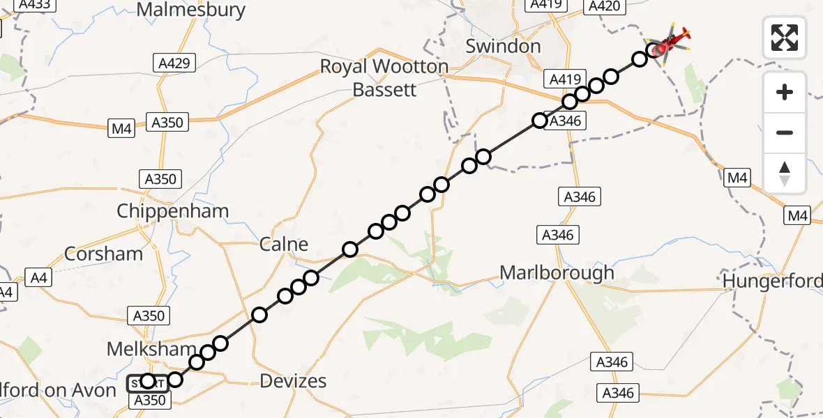 Flight route Air Ambulance Helicopter Wiltshire Air Ambulance - Ashbury, 25 July 2026, 07:31