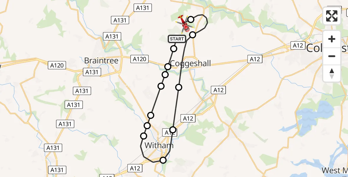 Flight route Air Ambulance Helicopter Braintree - Earls Colne Airfield, 25 July 2026, 07:46