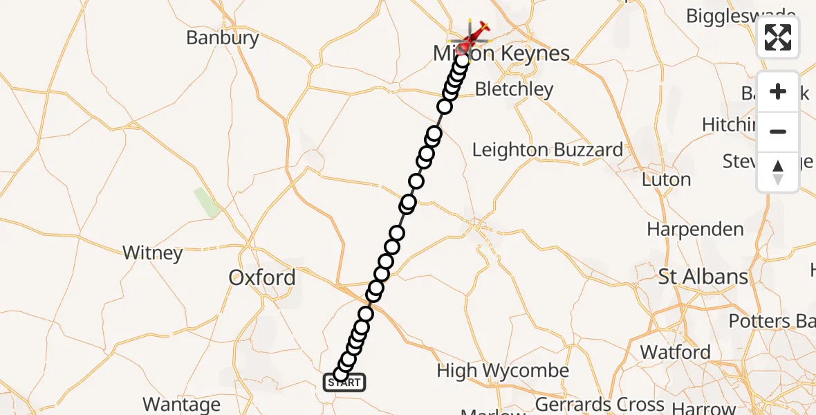 Flight route Air Ambulance Helicopter RAF Benson - Wolverton, 25 July 2026, 07:48