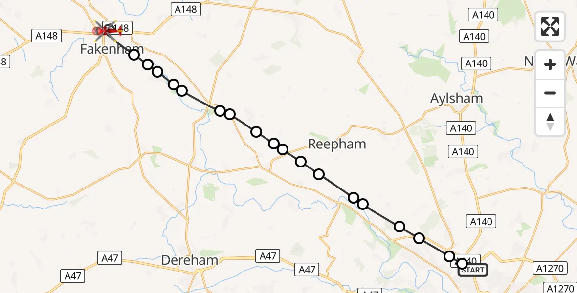 Flight route Air Ambulance Helicopter Norwich Airport - Fakenham, 25 July 2026, 07:53