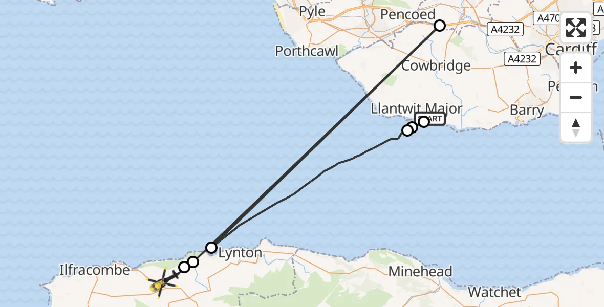 Flight route Police Helicopter Boverton - North Devon, 25 July 2026, 07:57