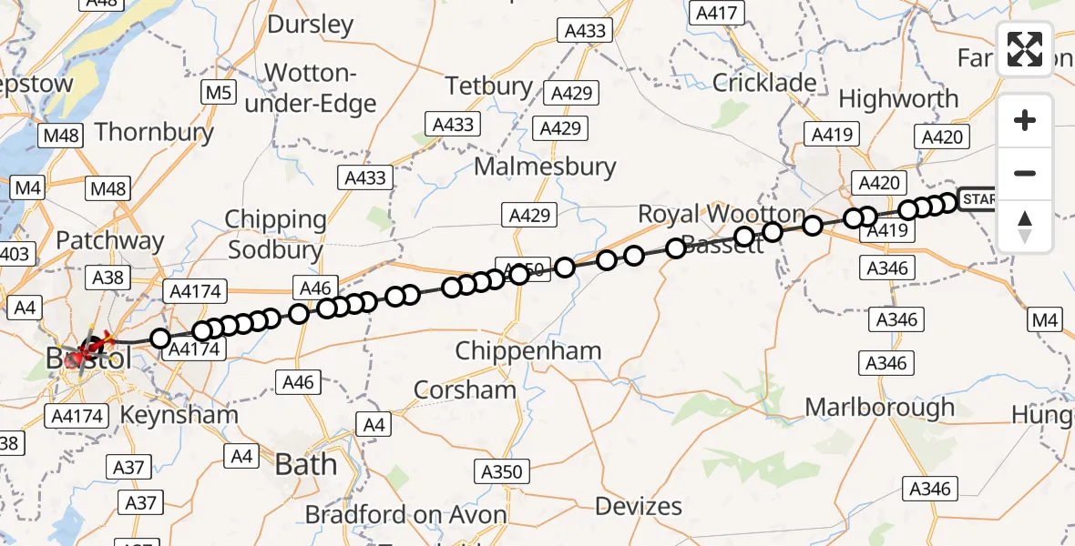 Flight route Air Ambulance Helicopter Ashbury - Bristol Royal Infirmary, 25 July 2026, 08:36