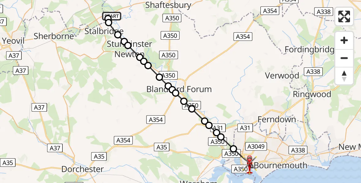 Flight route Air Ambulance Helicopter Henstridge Airfield - Poole, 25 July 2026, 08:43
