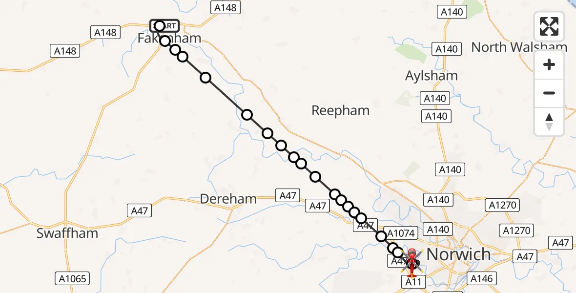 Flight route Air Ambulance Helicopter North Norfolk - Norfolk & Norwich Hospital, 25 July 2026, 08:44
