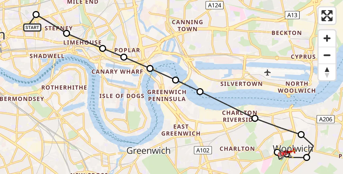 Flight route Air Ambulance Helicopter Royal London Hospital - Shooters Hill, 25 July 2026, 08:45