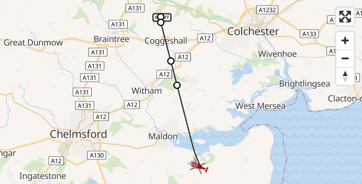 Flight route Air Ambulance Helicopter Earls Colne Airfield - Maldon, 25 July 2026, 08:55