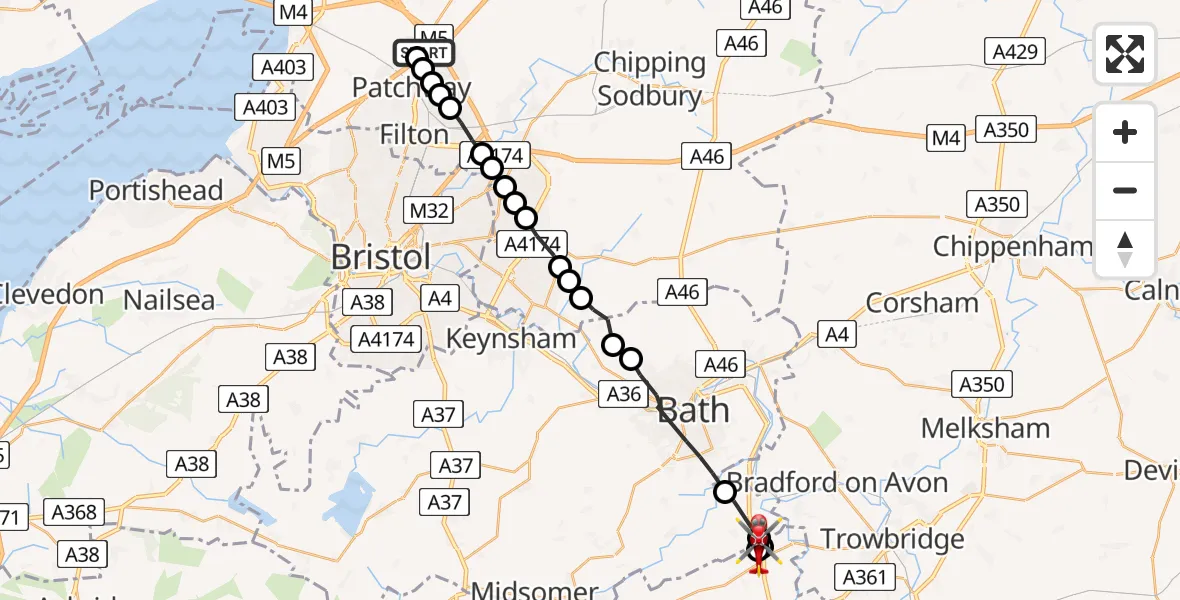 Flight route Air Ambulance Helicopter Almondsbury Helicopter Base - Farleigh Hungerford, 25 July 2026, 08:58