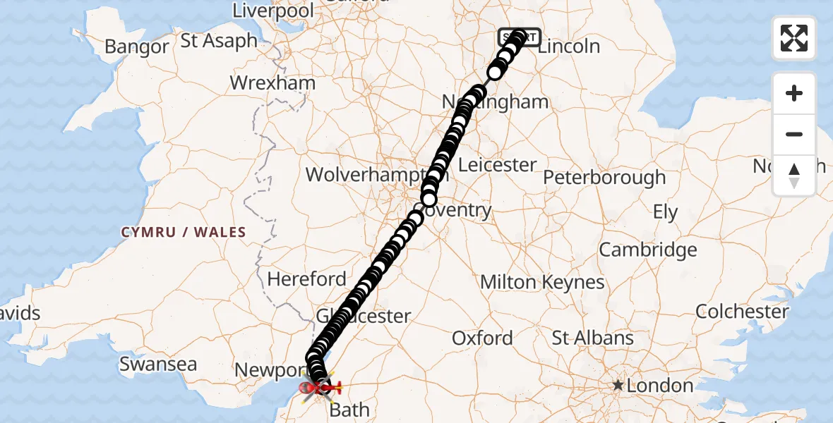 Flight route Air Ambulance Helicopter Retford Gamston Airport - Bristol, 25 July 2026, 08:58