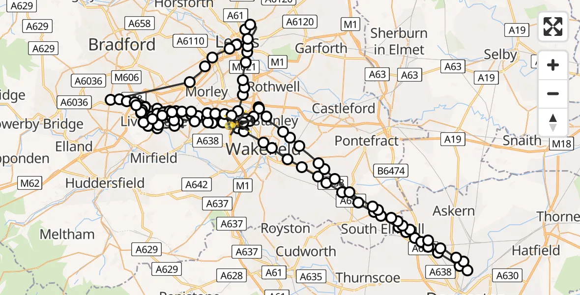 Flight route Police Helicopter East Ardsley - East Ardsley, 25 July 2026, 08:59