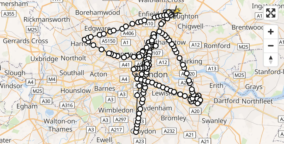 Flight route Police Helicopter Sewardstonebury - Metropolitan Police Air Support Unit Lippitts Hill, 25 July 2026, 09:00